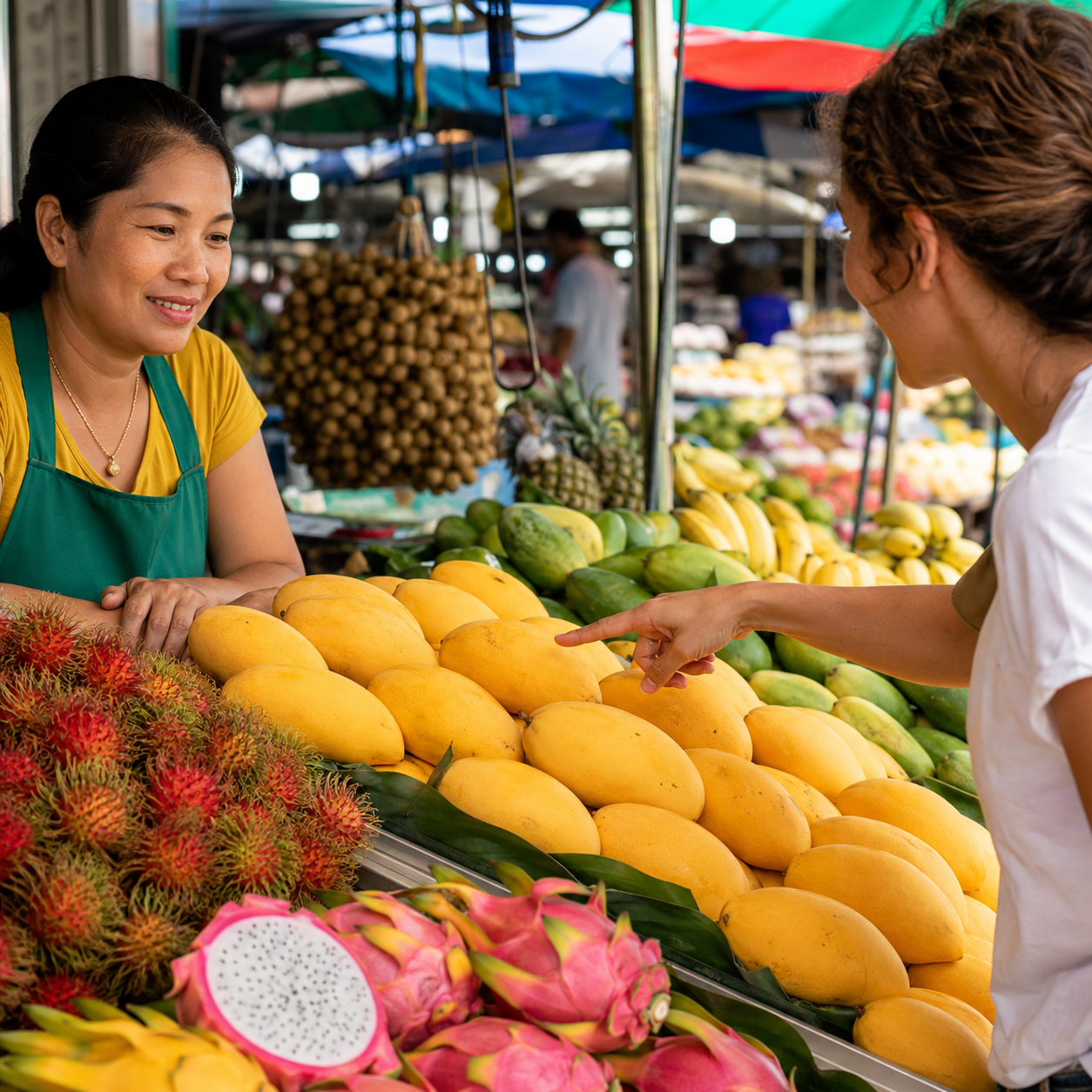 A traveller pointing to a mango at a colourful Thai market stall